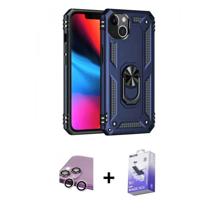 MARSİLYAN™- iPhone 14 Kılıf Ahenk Klasik Koleksiyonu - Siyah Bilvis 5in1 5D Magic Hayalet Cam Ekran Koruyucu + Raze Metal Kamera Lens - MR