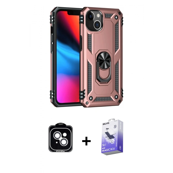 MARSİLYAN™- iPhone 14 Kılıf Ahenk Klasik Koleksiyonu - Siyah Bilvis 5in1 5D Magic Hayalet Cam Ekran Koruyucu + PVD Metal Kamera Lens - GS