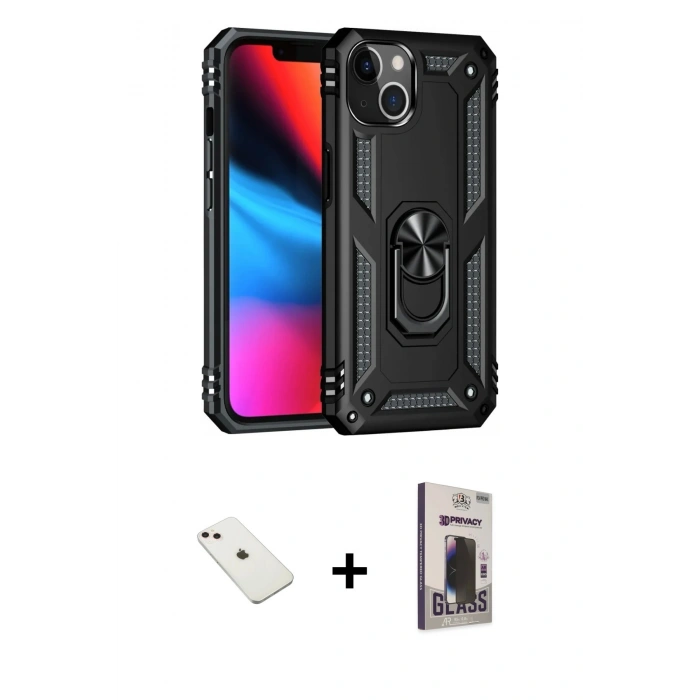 MARSİLYAN™- iPhone 14 Kılıf Ahenk Klasik Koleksiyonu - Siyah Bilvis Hayalet Cam Ekran Koruyucu + Diamond Kamera Lens - PE