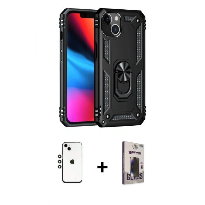 MARSİLYAN™- iPhone 14 Kılıf Ahenk Klasik Koleksiyonu - Siyah Bilvis Hayalet Cam Ekran Koruyucu + Shine Kamera Lens - GS