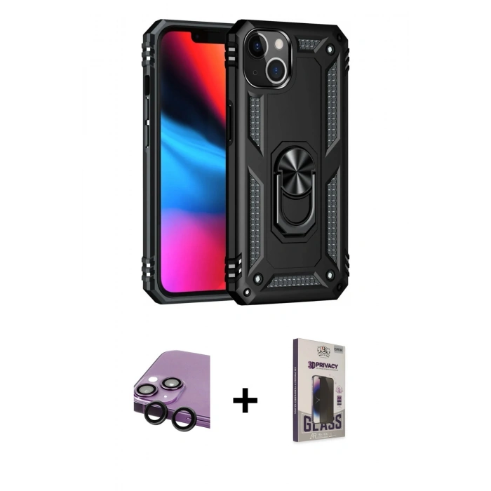 MARSİLYAN™- iPhone 14 Kılıf Ahenk Klasik Koleksiyonu - Siyah Bilvis Hayalet Cam Ekran Koruyucu + Raze Metal Kamera Lens - SH