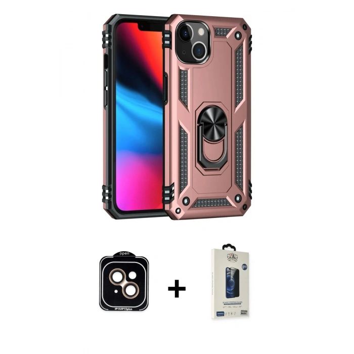 MARSİLYAN™- iPhone 14 Kılıf Ahenk Klasik Koleksiyonu - Siyah Bilvis Hayalet Cam Ekran Koruyucu + PVD Metal Kamera Lens - TU
