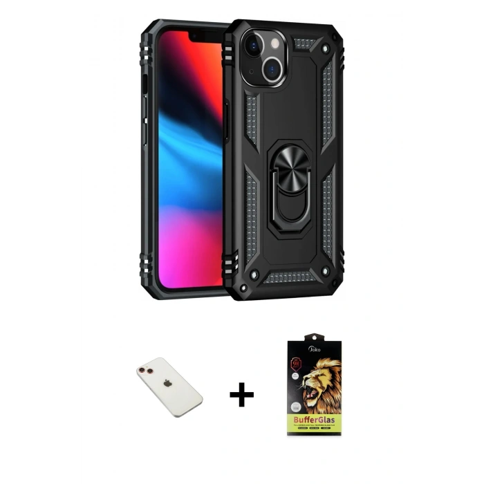 MARSİLYAN™- iPhone 14 Kılıf Ahenk Klasik Koleksiyonu - Siyah Buffer Cam Ekran Koruyucu + Diamond Kamera Lens - KI