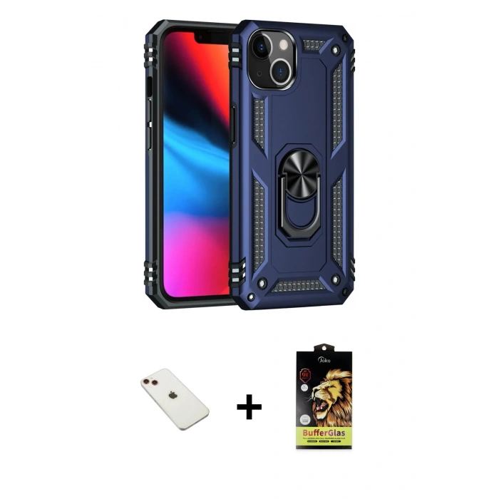 MARSİLYAN™- iPhone 14 Kılıf Ahenk Klasik Koleksiyonu - Siyah Buffer Cam Ekran Koruyucu + Diamond Kamera Lens - KI