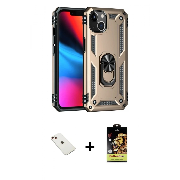 MARSİLYAN™- iPhone 14 Kılıf Ahenk Klasik Koleksiyonu - Siyah Buffer Cam Ekran Koruyucu + Diamond Kamera Lens - KI
