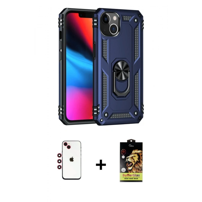 MARSİLYAN™- iPhone 14 Kılıf Ahenk Klasik Koleksiyonu - Siyah Buffer Cam Ekran Koruyucu + Shine Kamera Lens - KI