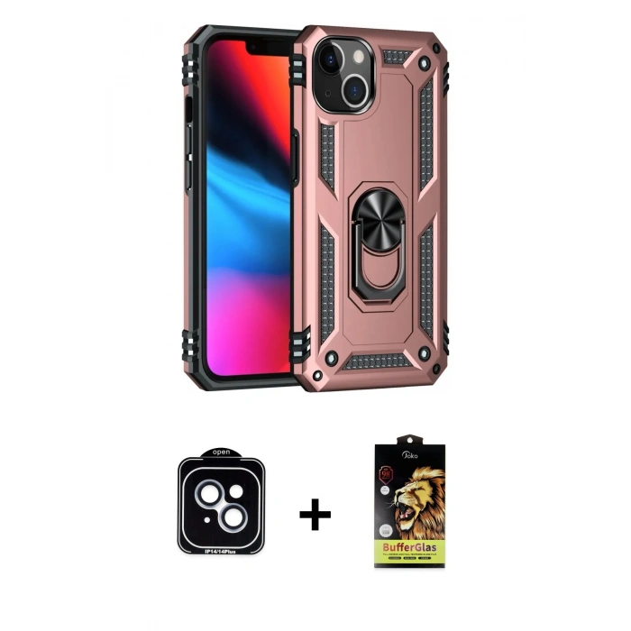 MARSİLYAN™- iPhone 14 Kılıf Ahenk Klasik Koleksiyonu - Siyah Buffer Cam Ekran Koruyucu + PVD Metal Kamera Lens - MI
