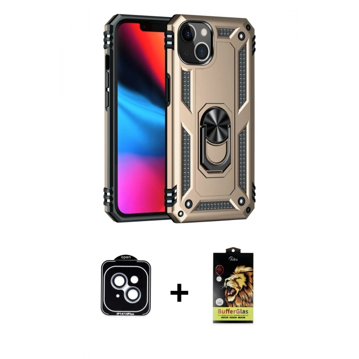 MARSİLYAN™- iPhone 14 Kılıf Ahenk Klasik Koleksiyonu - Siyah Buffer Cam Ekran Koruyucu + PVD Metal Kamera Lens - MI