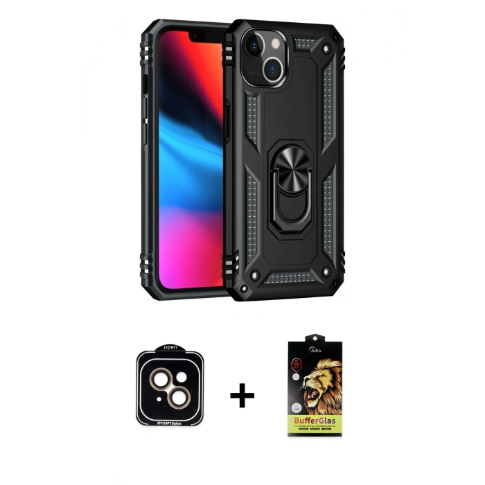 MARSİLYAN™- iPhone 14 Kılıf Ahenk Klasik Koleksiyonu - Siyah Buffer Cam Ekran Koruyucu + PVD Metal Kamera Lens - TU