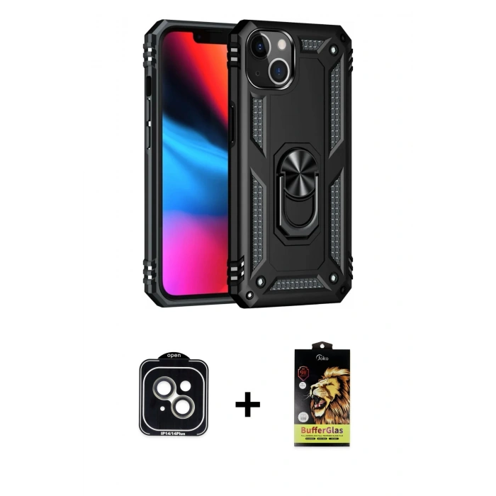 MARSİLYAN™- iPhone 14 Kılıf Ahenk Klasik Koleksiyonu - Siyah Buffer Cam Ekran Koruyucu + PVD Metal Kamera Lens - YL