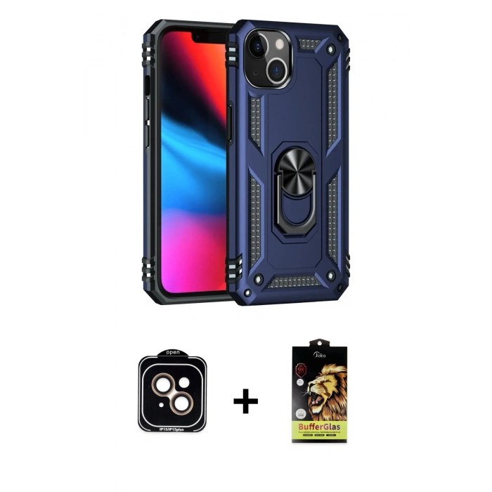 MARSİLYAN™- iPhone 14 Kılıf Ahenk Klasik Koleksiyonu - Siyah Buffer Cam Ekran Koruyucu + PVD Metal Kamera Lens - TU