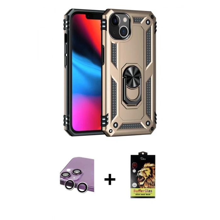 MARSİLYAN™- iPhone 14 Kılıf Ahenk Klasik Koleksiyonu - Siyah Buffer Cam Ekran Koruyucu + Raze Metal Kamera Lens - GS
