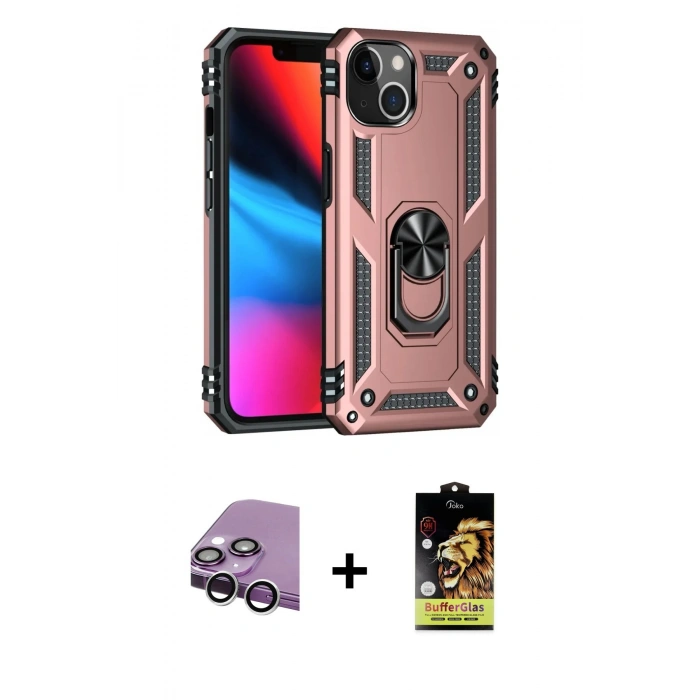 MARSİLYAN™- iPhone 14 Kılıf Ahenk Klasik Koleksiyonu - Siyah Buffer Cam Ekran Koruyucu + Raze Metal Kamera Lens - GS
