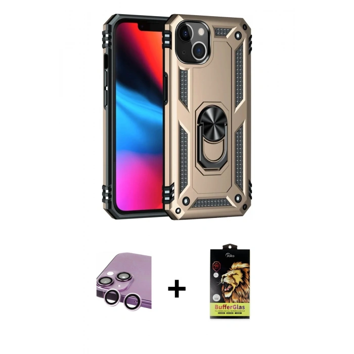 MARSİLYAN™- iPhone 14 Kılıf Ahenk Klasik Koleksiyonu - Siyah Buffer Cam Ekran Koruyucu + Raze Metal Kamera Lens - MR