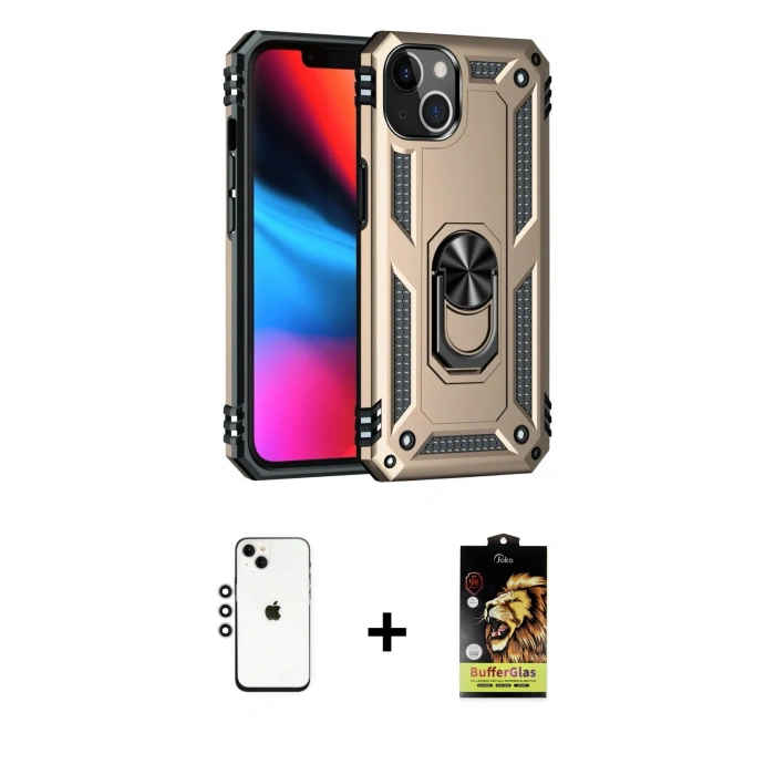 MARSİLYAN™- iPhone 14 Kılıf Ahenk Klasik Koleksiyonu - Siyah Buffer Cam Ekran Koruyucu + Shine Kamera Lens - GS