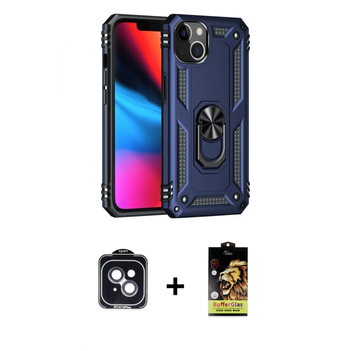 MARSİLYAN™- iPhone 14 Kılıf Ahenk Klasik Koleksiyonu - Siyah Buffer Cam Ekran Koruyucu + PVD Metal Kamera Lens - SH