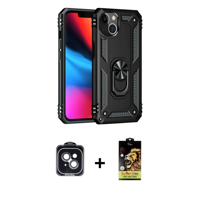MARSİLYAN™- iPhone 14 Kılıf Ahenk Klasik Koleksiyonu - Siyah Buffer Cam Ekran Koruyucu + PVD Metal Kamera Lens - SH