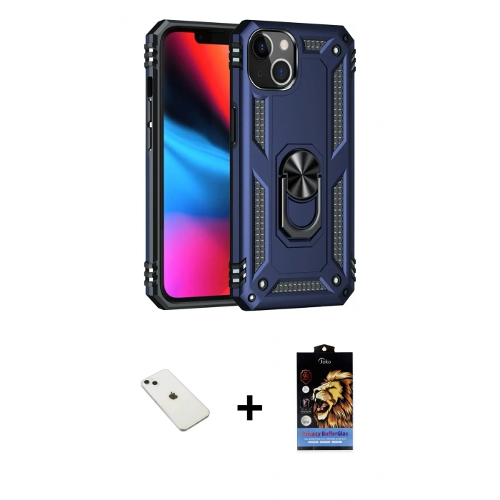 MARSİLYAN™- iPhone 14 Kılıf Ahenk Klasik Koleksiyonu - Siyah Buffer Hayalet Cam Ekran Koruyucu + Diamond Kamera Lens - SABE