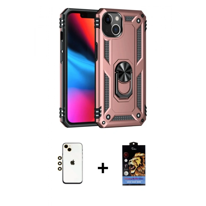 MARSİLYAN™- iPhone 14 Kılıf Ahenk Klasik Koleksiyonu - Siyah Buffer Hayalet Cam Ekran Koruyucu + Gold Shine Kamera Lens