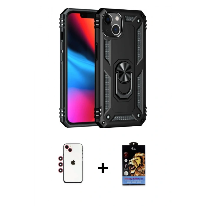MARSİLYAN™- iPhone 14 Kılıf Ahenk Klasik Koleksiyonu - Siyah Buffer Hayalet Cam Ekran Koruyucu + Shine Kamera Lens - KI