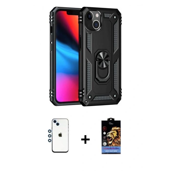 MARSİLYAN™- iPhone 14 Kılıf Ahenk Klasik Koleksiyonu - Siyah Buffer Hayalet Cam Ekran Koruyucu + Shine Kamera Lens - MI