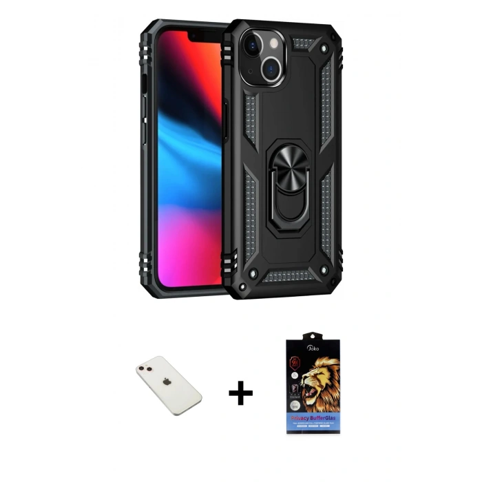 MARSİLYAN™- iPhone 14 Kılıf Ahenk Klasik Koleksiyonu - Siyah Buffer Hayalet Cam Ekran Koruyucu + Diamond Kamera Lens - PE