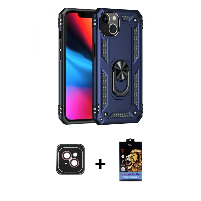 MARSİLYAN™- iPhone 14 Kılıf Ahenk Klasik Koleksiyonu - Siyah Buffer Hayalet Cam Ekran Koruyucu + PVD Metal Kamera Lens - PE