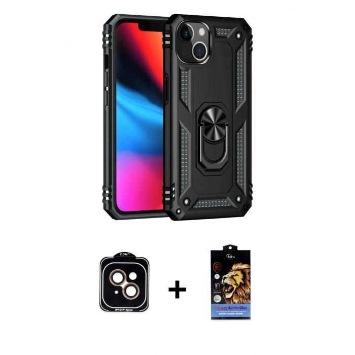 MARSİLYAN™- iPhone 14 Kılıf Ahenk Klasik Koleksiyonu - Siyah Buffer Hayalet Cam Ekran Koruyucu + PVD Metal Kamera Lens - TU