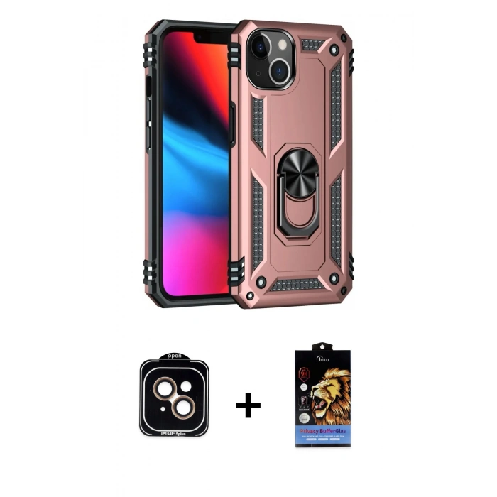 MARSİLYAN™- iPhone 14 Kılıf Ahenk Klasik Koleksiyonu - Siyah Buffer Hayalet Cam Ekran Koruyucu + PVD Metal Kamera Lens - TU