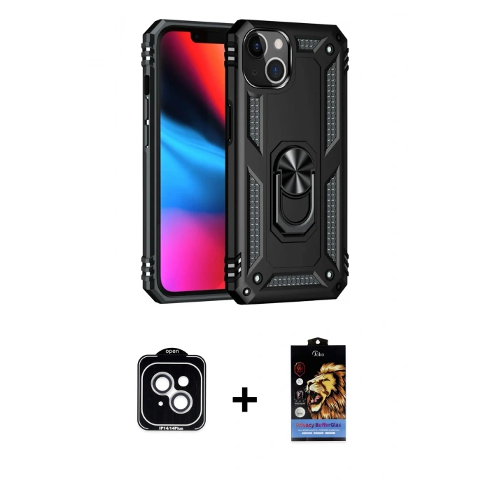 MARSİLYAN™- iPhone 14 Kılıf Ahenk Klasik Koleksiyonu - Siyah Buffer Hayalet Cam Ekran Koruyucu + PVD Metal Kamera Lens - GS