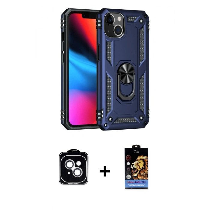 MARSİLYAN™- iPhone 14 Kılıf Ahenk Klasik Koleksiyonu - Siyah Buffer Hayalet Cam Ekran Koruyucu + PVD Metal Kamera Lens - GS