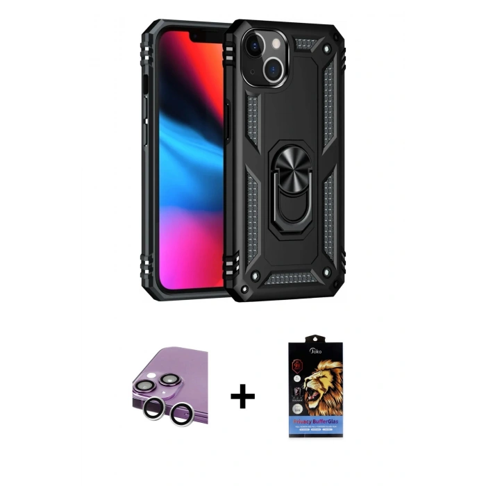 MARSİLYAN™- iPhone 14 Kılıf Ahenk Klasik Koleksiyonu - Siyah Buffer Hayalet Cam Ekran Koruyucu + Raze Metal Kamera Lens - GS