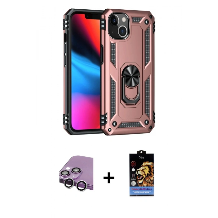 MARSİLYAN™- iPhone 14 Kılıf Ahenk Klasik Koleksiyonu - Siyah Buffer Hayalet Cam Ekran Koruyucu + Raze Metal Kamera Lens - GS