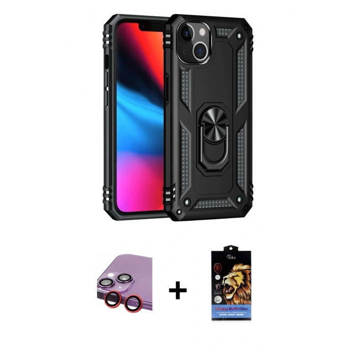 MARSİLYAN™- iPhone 14 Kılıf Ahenk Klasik Koleksiyonu - Siyah Buffer Hayalet Cam Ekran Koruyucu + Raze Metal Kamera Lens - KI