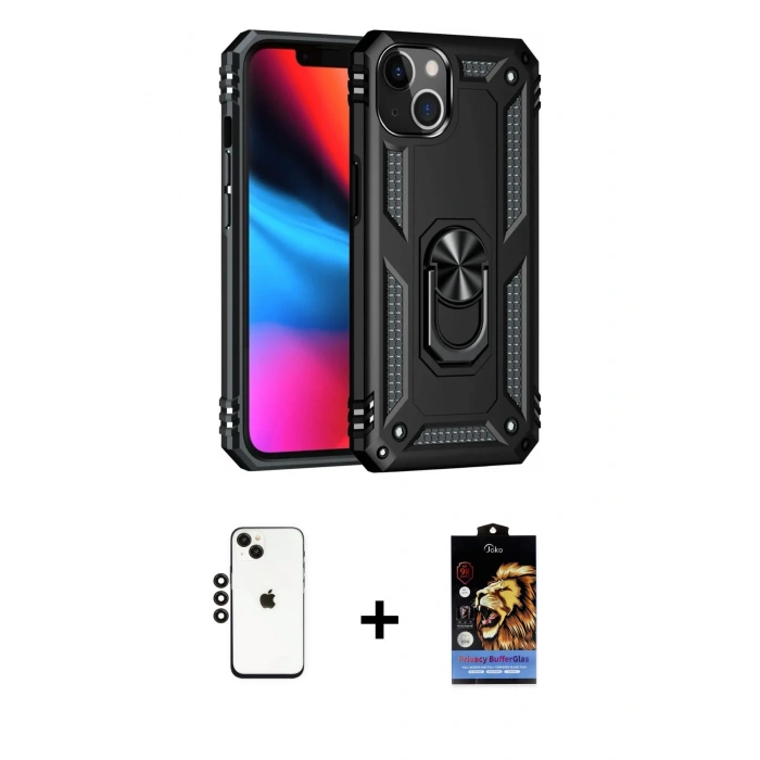 MARSİLYAN™- iPhone 14 Kılıf Ahenk Klasik Koleksiyonu - Siyah Buffer Hayalet Cam Ekran Koruyucu + Shine Kamera Lens - SH