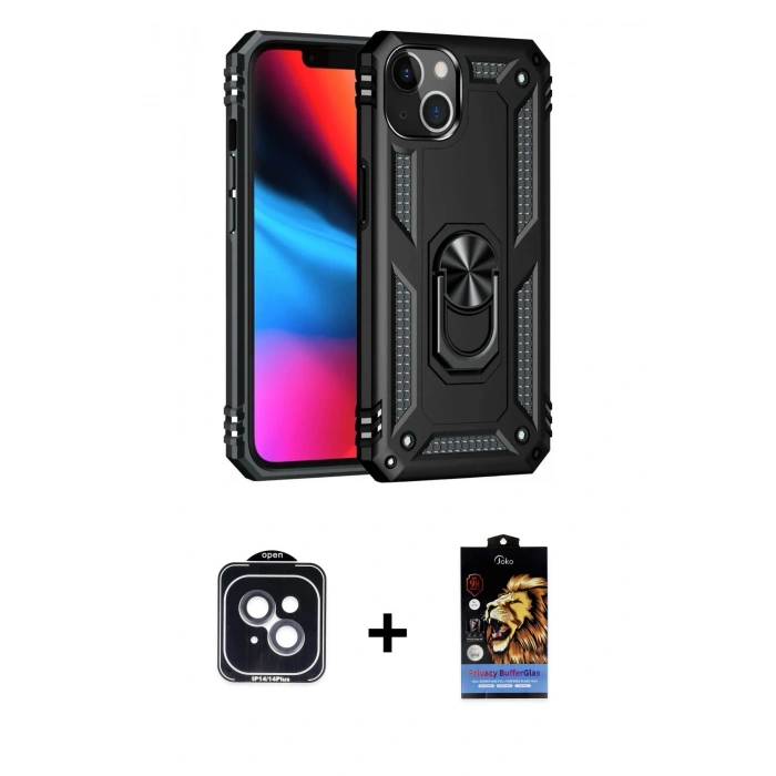 MARSİLYAN™- iPhone 14 Kılıf Ahenk Klasik Koleksiyonu - Siyah Buffer Hayalet Cam Ekran Koruyucu + PVD Metal Kamera Lens - SH