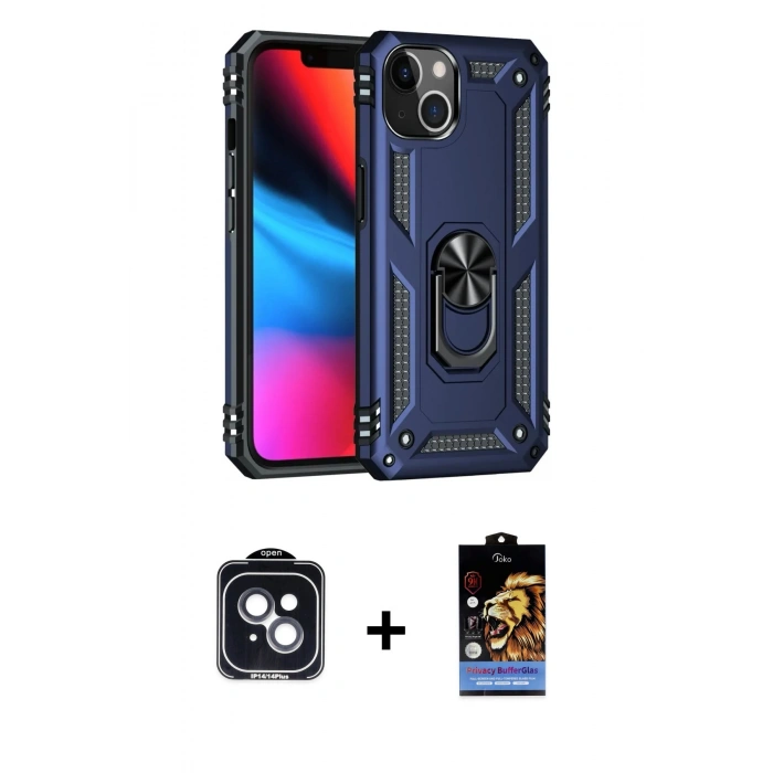 MARSİLYAN™- iPhone 14 Kılıf Ahenk Klasik Koleksiyonu - Siyah Buffer Hayalet Cam Ekran Koruyucu + PVD Metal Kamera Lens - SH