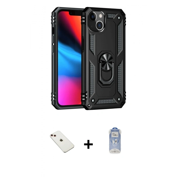 MARSİLYAN™- iPhone 14 Kılıf Ahenk Klasik Koleksiyonu - Siyah Joko Magic 5D Cam + Kırmızı Diamond Kamera Lens