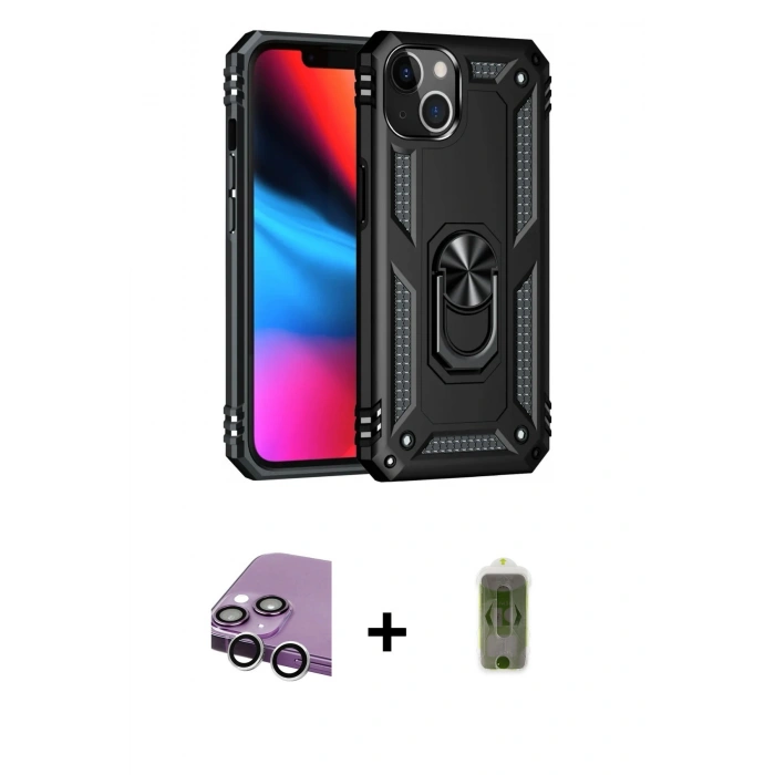 MARSİLYAN™- iPhone 14 Kılıf Ahenk Klasik Koleksiyonu - Siyah Joko Magic 5D Hayalet Cam + Raze Metal Kamera Lens - GS