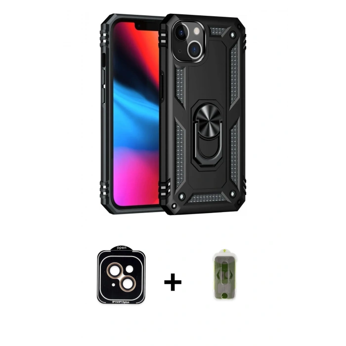 MARSİLYAN™- iPhone 14 Kılıf Ahenk Klasik Koleksiyonu - Siyah Joko Magic 5D Hayalet Cam + Turuncu PVD Metal Kamera Lens