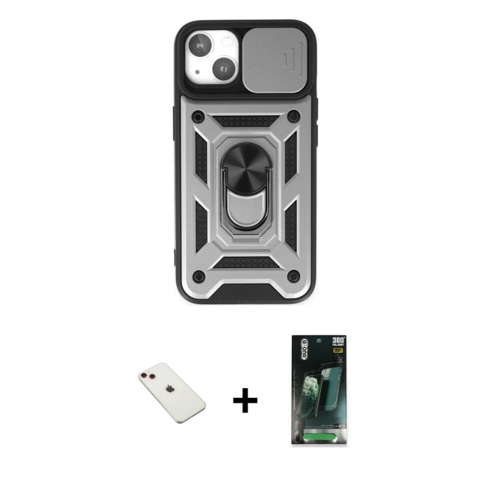 MARSİLYAN™- iPhone 14 Kılıf Ahenk Klasik - Şeffaf 360 Full Body Arka Koruyucu + Diamond Kamera Lens - KI