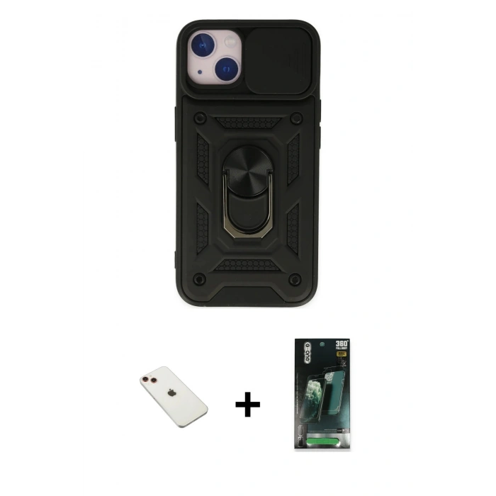 MARSİLYAN™- iPhone 14 Kılıf Ahenk Klasik - Şeffaf 360 Full Body Arka Koruyucu + Diamond Kamera Lens - KI