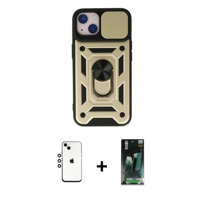 MARSİLYAN™- iPhone 14 Kılıf Ahenk Klasik - Şeffaf 360 Full Body Arka Koruyucu + Shine Kamera Lens - GS