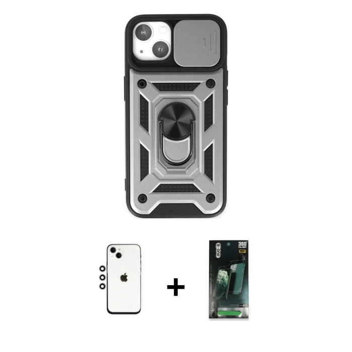 MARSİLYAN™- iPhone 14 Kılıf Ahenk Klasik - Şeffaf 360 Full Body Arka Koruyucu + Shine Kamera Lens - GS