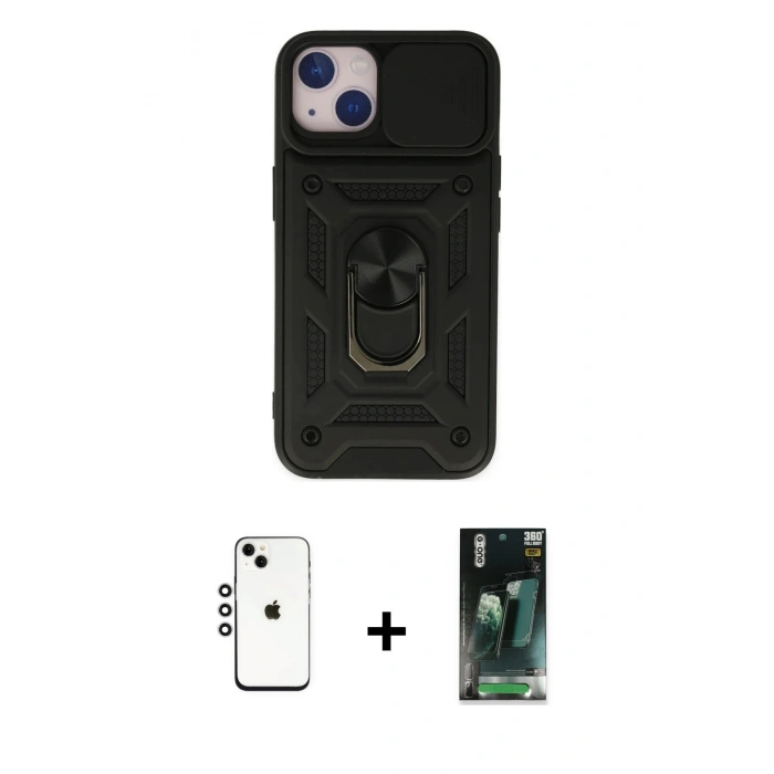 MARSİLYAN™- iPhone 14 Kılıf Ahenk Klasik - Şeffaf 360 Full Body Arka Koruyucu + Shine Kamera Lens - GS