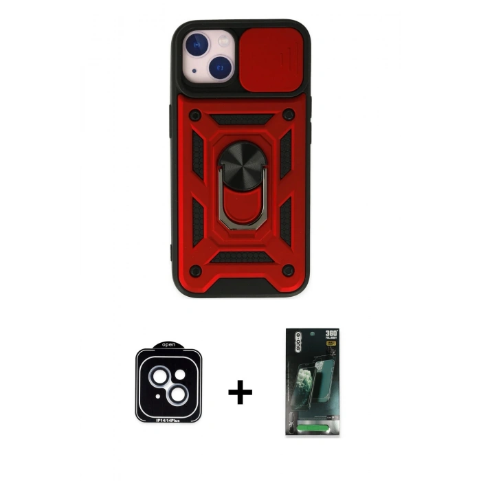 MARSİLYAN™- iPhone 14 Kılıf Ahenk Klasik - Şeffaf 360 Full Body Arka Koruyucu + PVD Metal Kamera Lens - MI