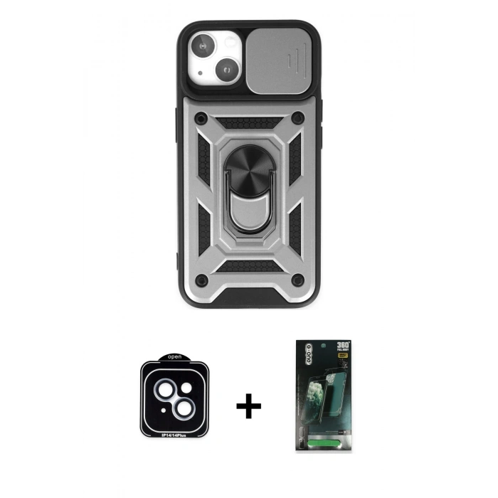 MARSİLYAN™- iPhone 14 Kılıf Ahenk Klasik - Şeffaf 360 Full Body Arka Koruyucu + PVD Metal Kamera Lens - MI
