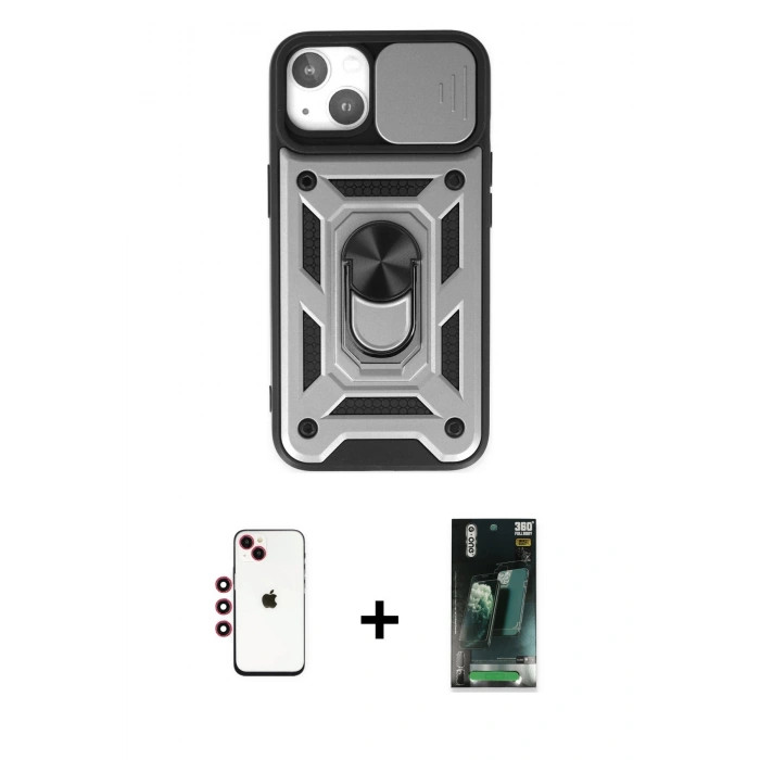 MARSİLYAN™- iPhone 14 Kılıf Ahenk Klasik - Şeffaf 360 Full Body Arka Koruyucu + Shine Kamera Lens - KI