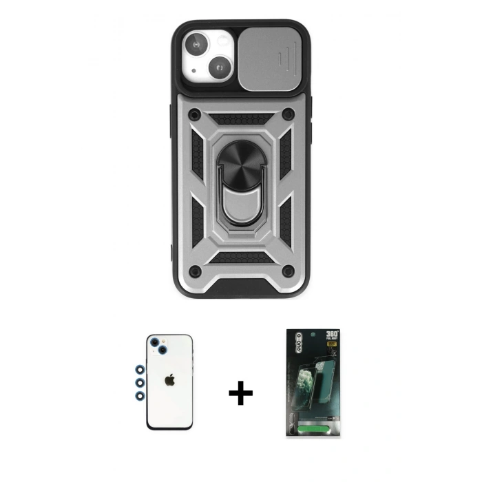 MARSİLYAN™- iPhone 14 Kılıf Ahenk Klasik - Şeffaf 360 Full Body Arka Koruyucu + Shine Kamera Lens - MI