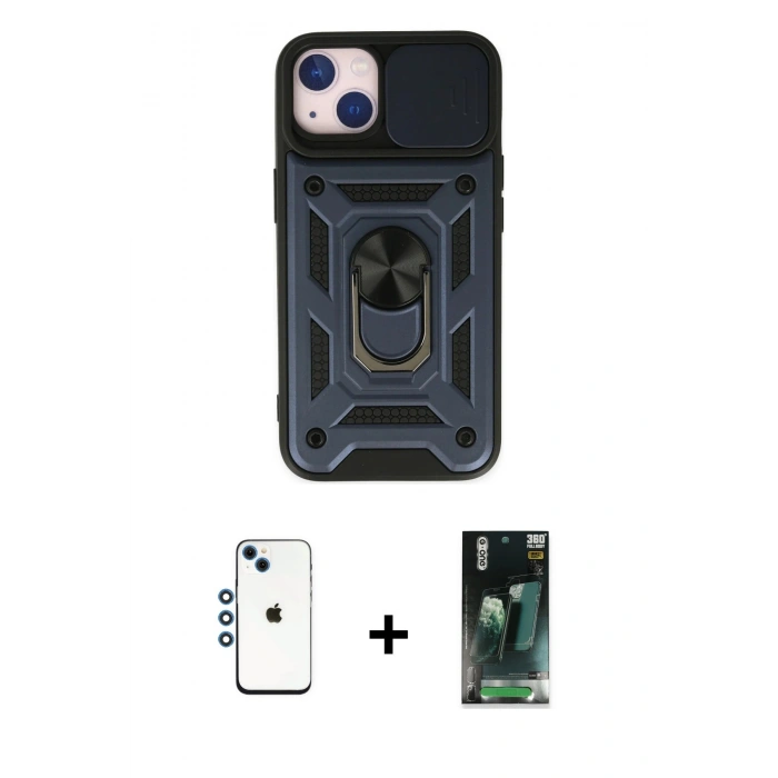 MARSİLYAN™- iPhone 14 Kılıf Ahenk Klasik - Şeffaf 360 Full Body Arka Koruyucu + Shine Kamera Lens - MI
